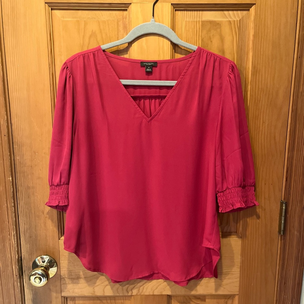 Ann Taylor Women's Sheer V-Neck Blouse in Dark Rose